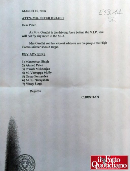 AugustaWestland letter mentioning Sonia