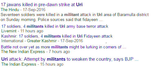Media of Bharat reporting Uri jihadis as 'militants'