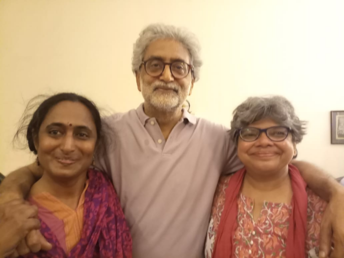 Gautam Navlakha in happier times with fellow BreakingIndia comrades Kavita Krishnan and Shabnam Hashmi (Source: Twitter)