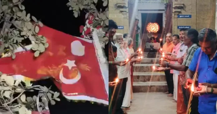Thiruparankundram controvesry - Muslim flag (left) and Hindu devotees (right)