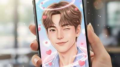 Young man winking and smiling in selfie with hearts, social media image.