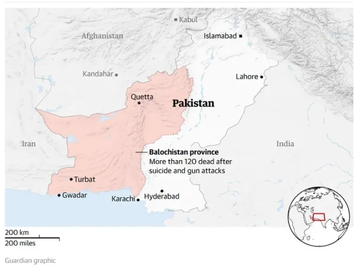 Map of Pakistan showing Balochistan province and key cities like Quetta, Karachi, and Islamabad.