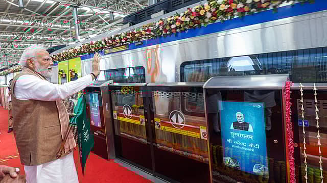 Prime Minister Modi at the women-led Namo Bharat Service launch, symbol of empowerment.