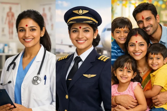 Happy Indian family with children and parents celebrating together.