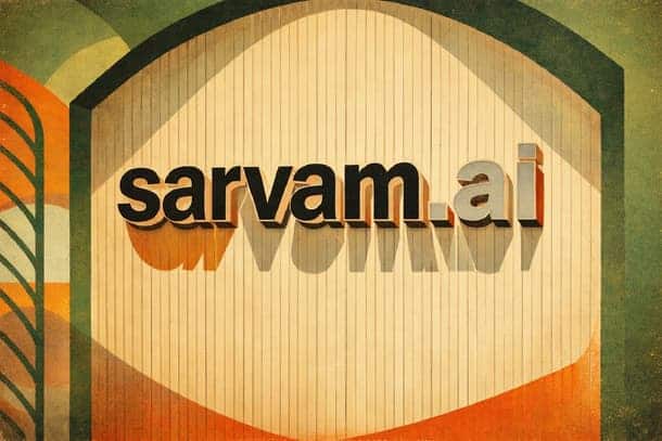 Sarvam AI logo displayed on wooden background, emphasizing technology and innovation.