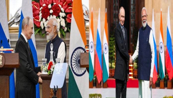 Indian and Russian leaders shaking hands at diplomatic event.