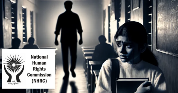 Girl distressed in school, highlighting alleged abuse by teacher and NHRC concern.