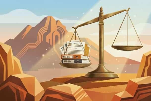 An illustration of a scale balancing legal documents and books against a mountainous landscape, symb.