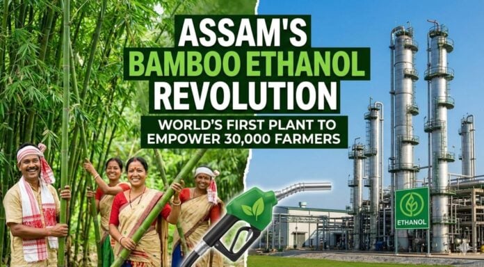 Image of Assam’s bamboo ethanol plant promoting sustainable energy and empowering 30,000 farmers.
