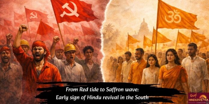 Pro-Hindu rally with saffron flags and diverse participants celebrating Hindu resurgence in southern.