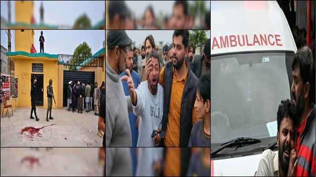 People mourning and ambulance at the scene of Pakistan attack.