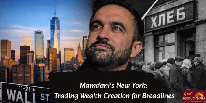 Portrait of Zohran Mamdani with NYC skyline and bread shop background.
