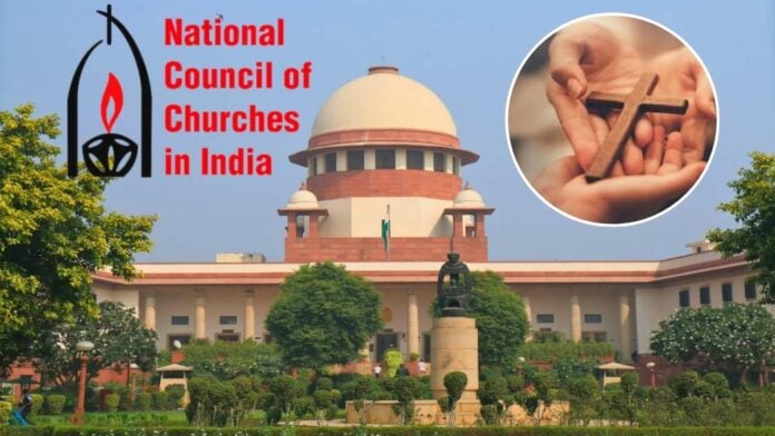 Image of the Indian Supreme Court with a cross and hands holding a cross, symbolizing religious infl.