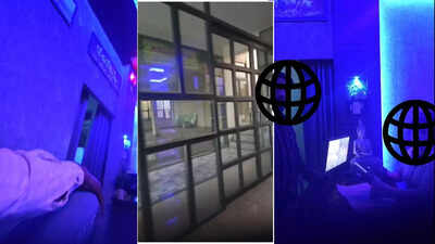 Interior of spa center with blue lighting and glass partitions in Bareilly.