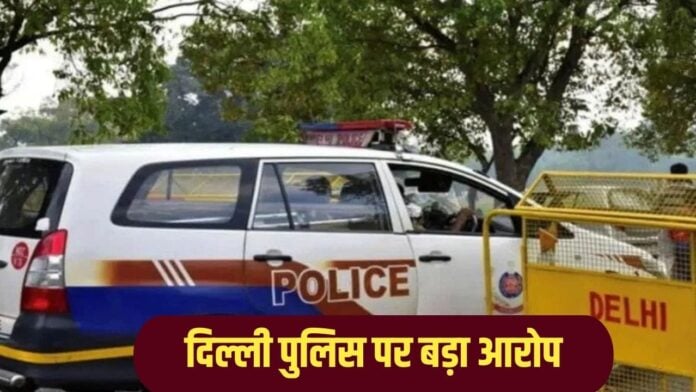 Police vehicle during a major protest in Delhi, India.