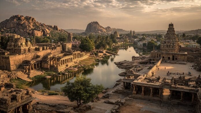 Sunset view of Vijayanagara archaeological site with historic temples and river.