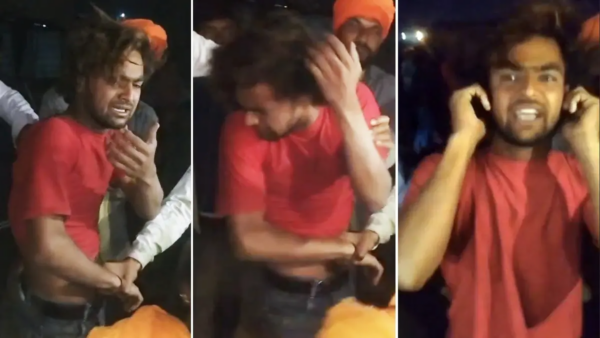 Man in red shirt distressed and crying, involved in a controversial incident in Bhopal.