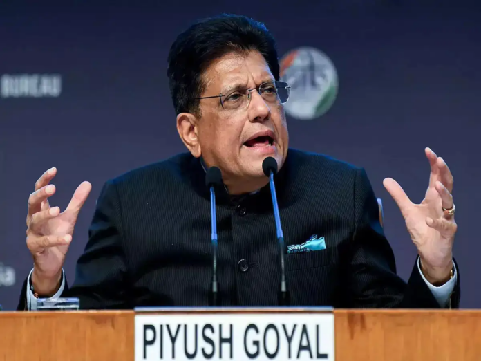 Piyush Goyal speaking at a conference about India-US trade agreement and farmer protections.
