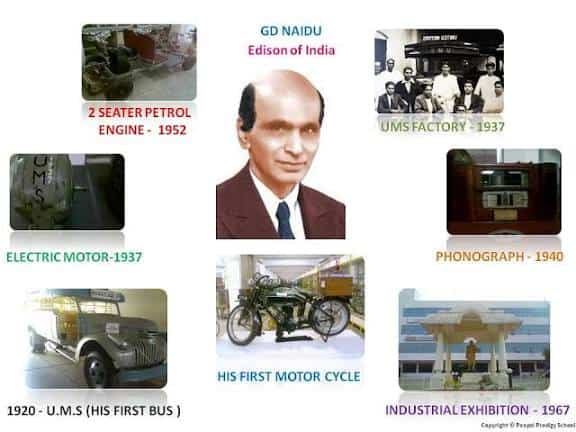 G.D. Naidu, Indian inventor, with images of his inventions and contributions to Indian industry.