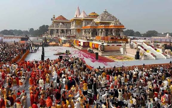 Crowd gathered at Ram Mandir in Ayodhya for religious festival and cultural event.