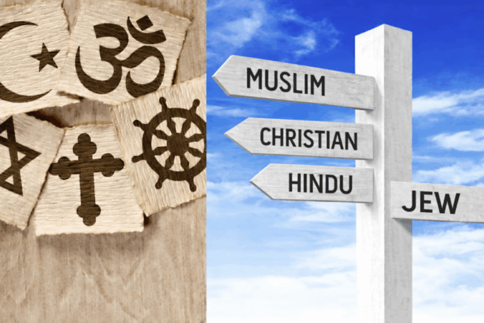 Directional signs showing Muslim, Christian, Hindu, and Jewish communities.