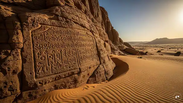 Ancient Indian inscriptions carved into desert rocks in Egypt, showcasing historical Indian influenc.