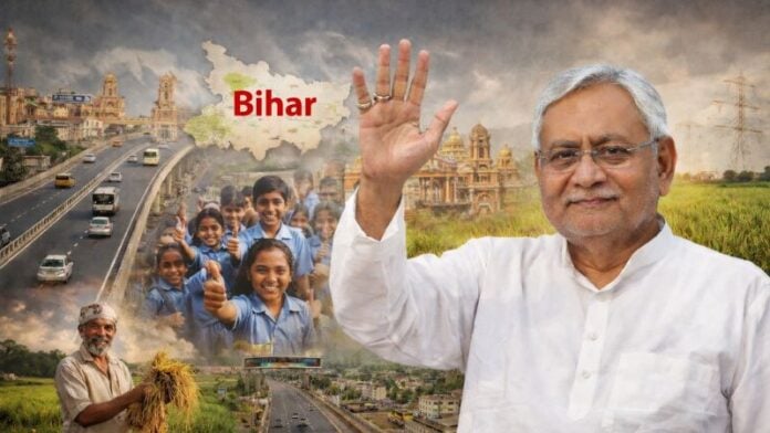Bihar leader Nitin Kumar waving with children and cityscape background.