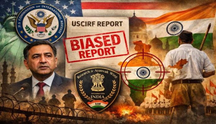 USCIRF report on India with biased portrayal, national security concerns, and patriotic imagery.