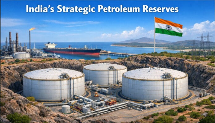 India’s strategic petroleum reserves with oil storage tanks and Indian flag.