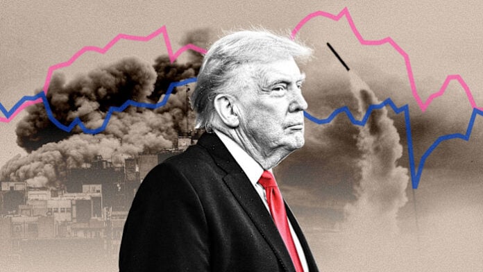 Image of Donald Trump with a serious expression, smoke and graph lines in background, related to pol.