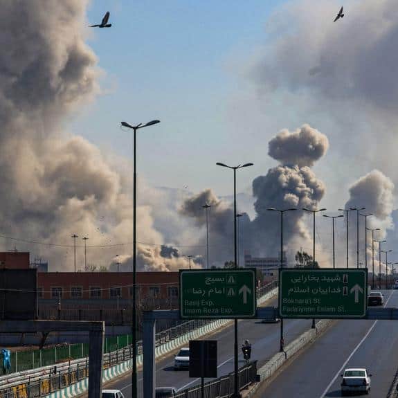 Explosion clouds over city streets with street signs and birds in the sky.