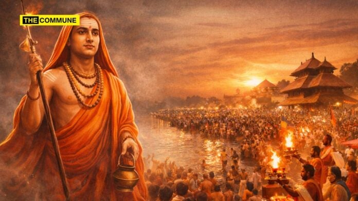 Traditional Mamankam festival in Kerala with devotees and rituals at sunset.