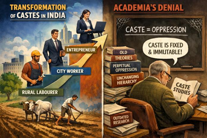 Illustration of caste transition in India showing rural laborer, city worker, and entrepreneur.