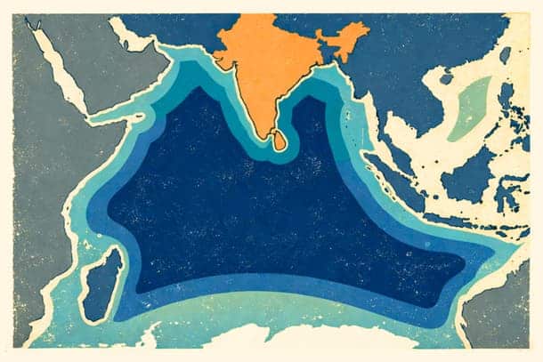 Map highlighting Bharat's backyard ocean region in Asia and surrounding waters.