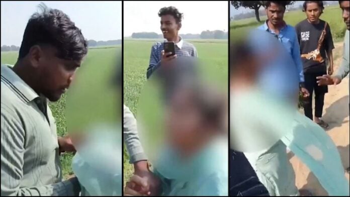 Hindu girl surrounded in field by men, with one holding her hand and another pulling her dupatta, am.