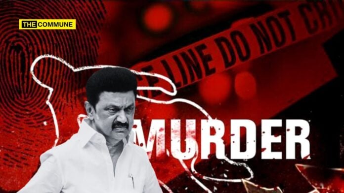 Image of a man with police tape and crime scene background, highlighting murder reports in Tamil Nad.