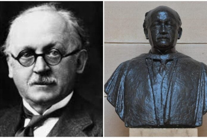 History and Politics Figures Black and white portrait of a historical man and a bronze bust of a political leader.