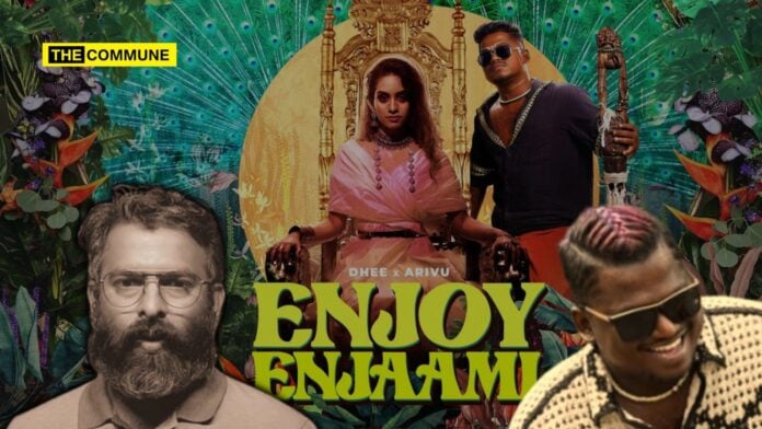 Promotional image of Enjaami song featuring Arivu and Santhosh Narayanan with political themes.