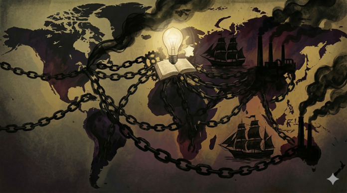 Global map illustrating Europe's dark ages and empires with chains and ships.