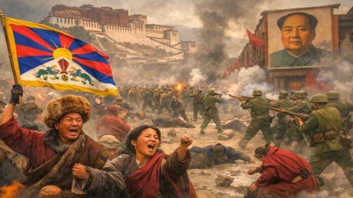 Tibetan protesters and soldiers clash during the 1959 uprising against Mao's regime in Tibet.