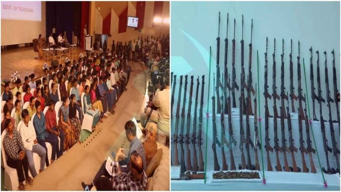 Maoists surrender with weapons in Hyderabad, India, during a peace initiative.