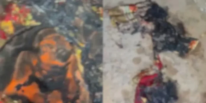 मंदिर में आग लगने से जली हुई वस्तुएं और क्षतिग्रस्त मूर्तियां.