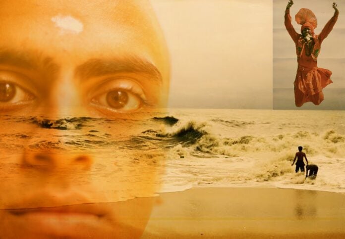 Close-up of a young man's face with a beach and ocean scene in the background, featuring a dancing d.