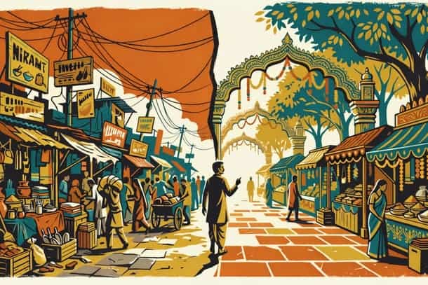 Vibrant Indian street market scene with traditional architecture and cultural elements.