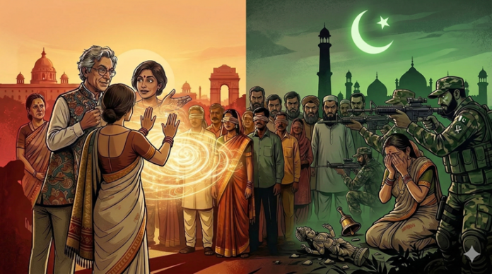 Depiction of India and Pakistan with contrasting scenes of peace and conflict.