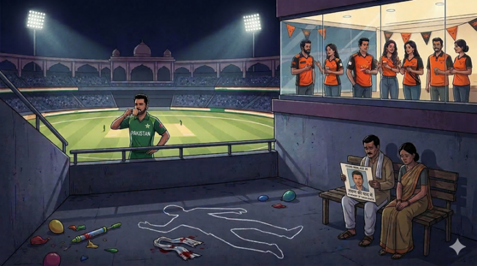 Cricket player in stadium with family and friends, symbolizing reflection on Hindu issues.