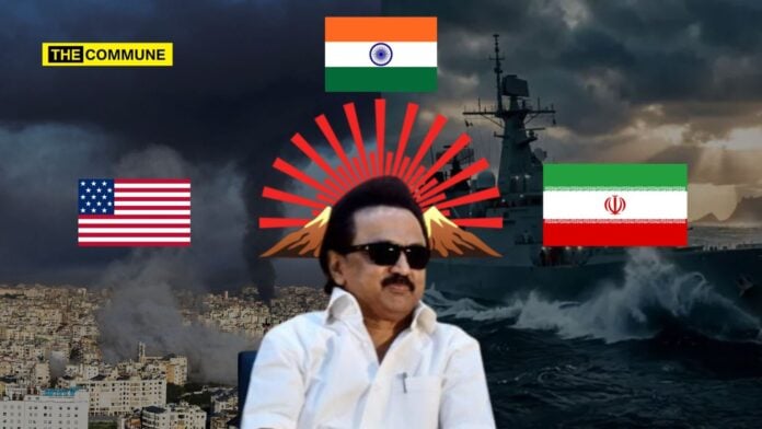 MK Stalin discussing geopolitics with India, US, and Iran flags in the background.