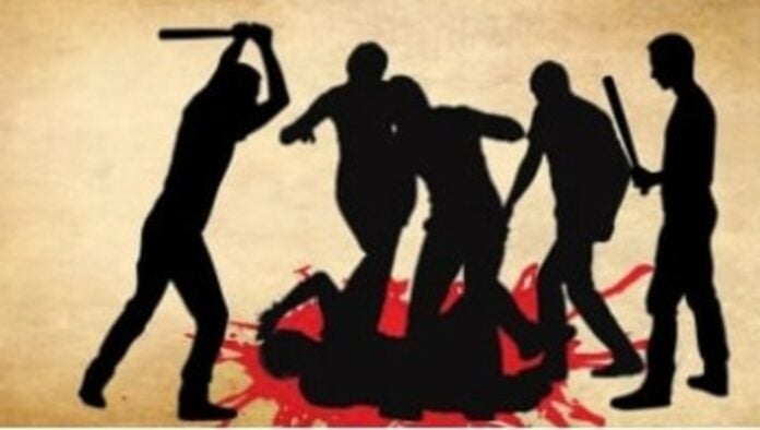Silhouettes of attackers and a victim on the ground with blood, during a robbery in Bangladesh.