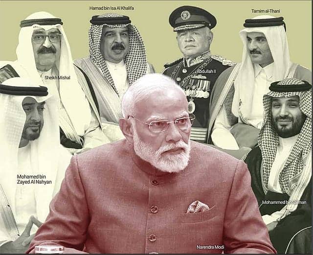Image of Indian Prime Minister Narendra Modi with Middle Eastern leaders discussing energy security.
