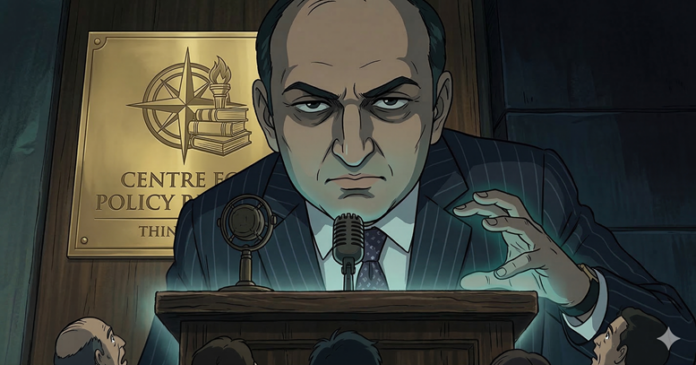 Illustration of Pratap Bhanu Mehta, Indian intellectual, at a podium, emphasizing Western liberal pe.